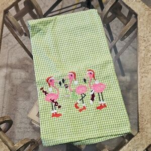 NWOT Dunroven House Green Gingham Flamingo Embroidered Tea Towel